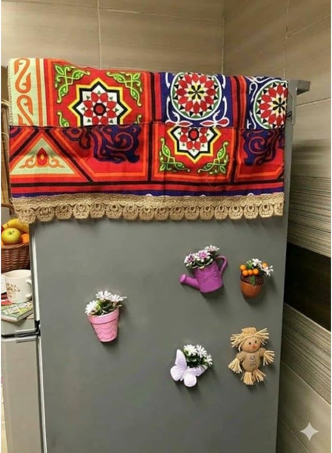 "Traditional Luxury Khayamiya Refrigerator Cover with Multi-Purpose Pockets, carefully crafted from a blend of natural cotton and high-quality polyester. Featuring vibrant colors and authentic heritage patterns that add a decorative touch to the kitchen. Easy to clean and durable for daily use, it helps organize small tools while giving the refrigerator a bright, elegant look that reflects the spirit of Egyptian authenticity. - Image 3